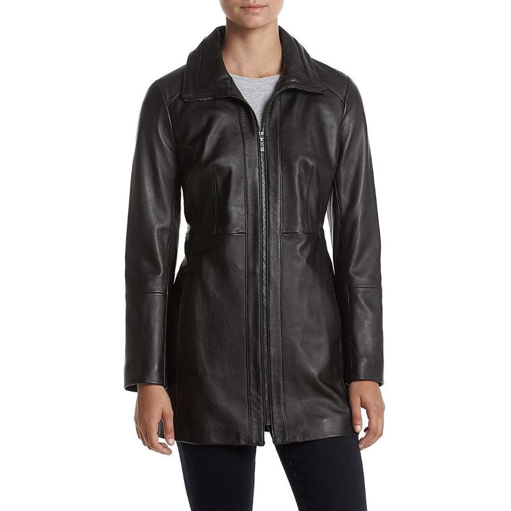 Anne Klein Stand Collar Leather Walker Jacket